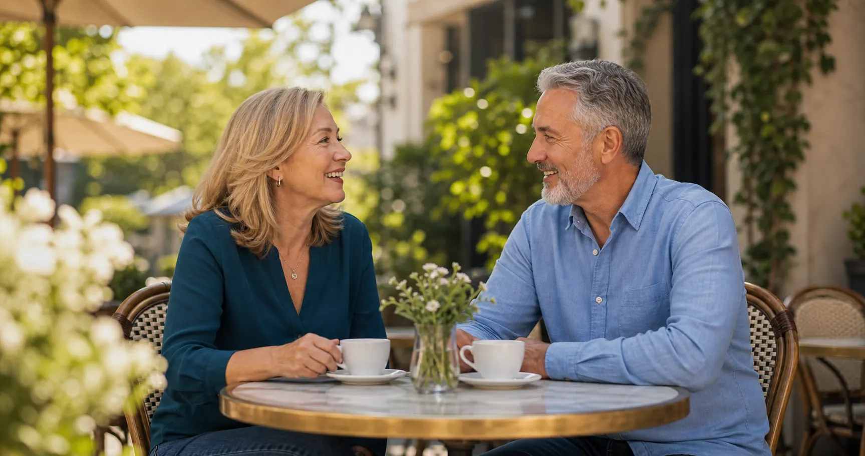 SilverSingles first message tips for singles over 50 shown as a relaxed outdoor first date conversation