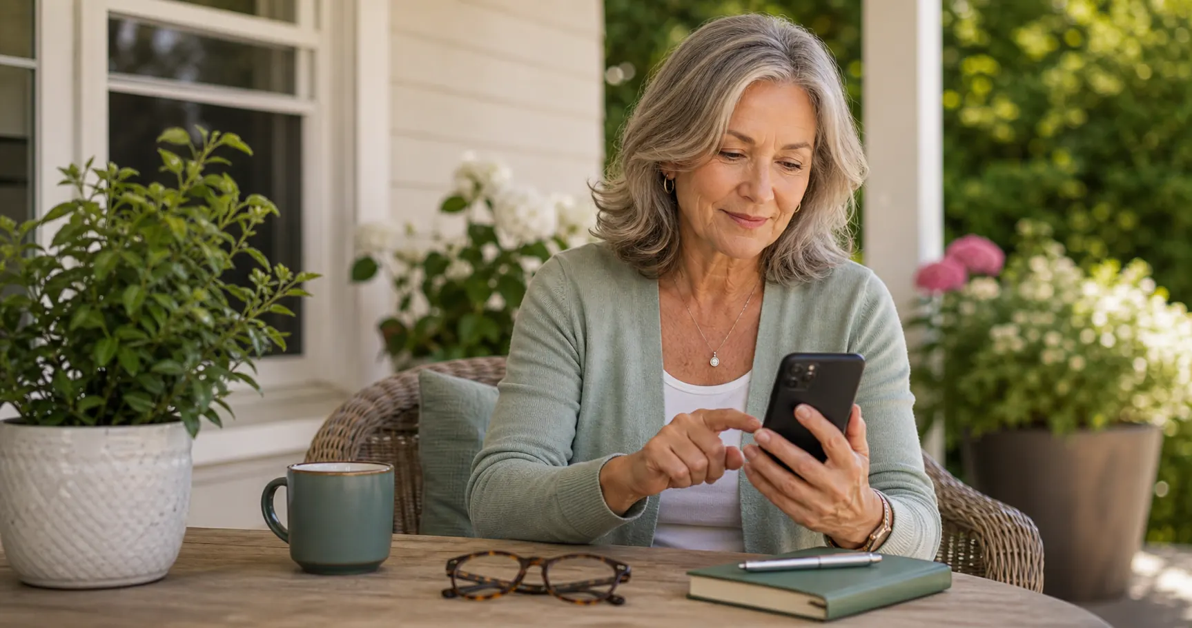 SilverSingles dating safety and privacy checklist for singles over 50 checking phone settings on a sunny porch